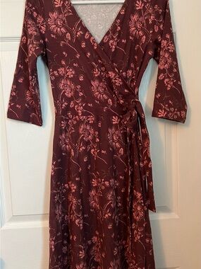 Synergy Organic Clothing Burgundy with Pink Floral Wrap Midi Dress